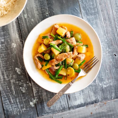 Sweet and sour pork with pineapple.