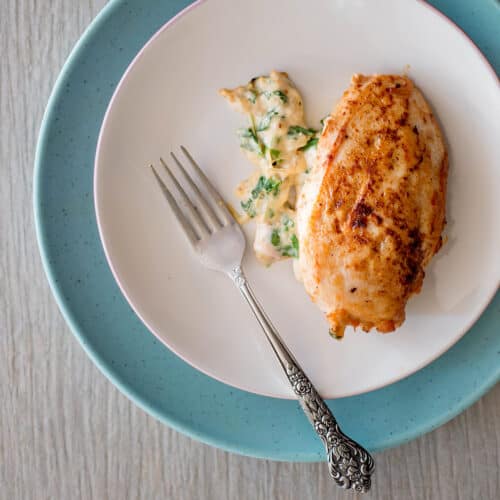 Spinach and cream cheese stuffed chicken breast.