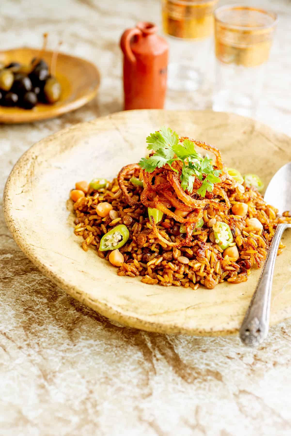 Mejadra rice with lentils and onion.