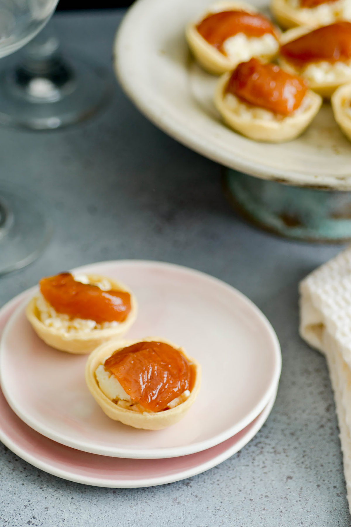 Mini tart shells with sweet and savory filling.