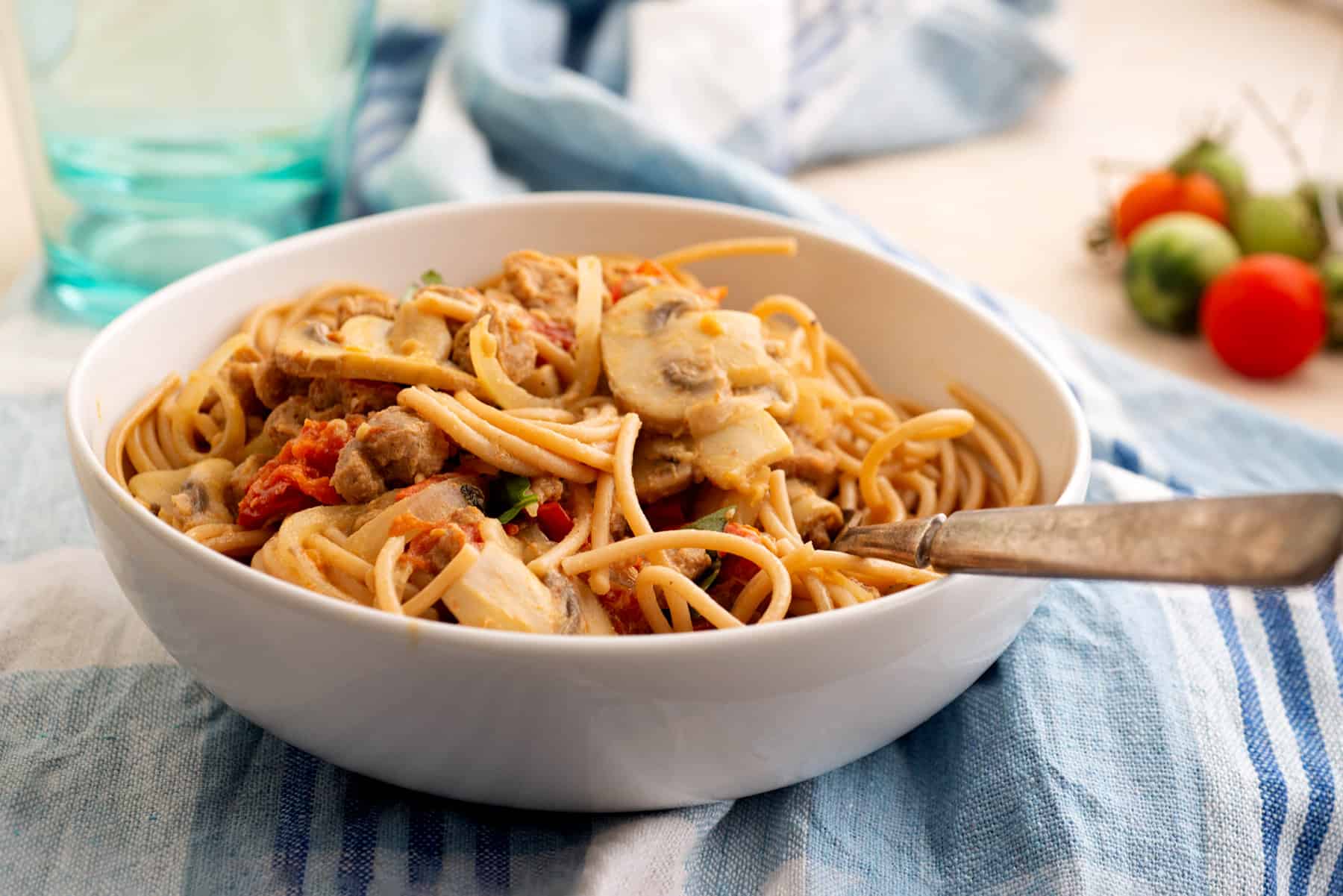 Whole wheat vegan pasta with textured soy.