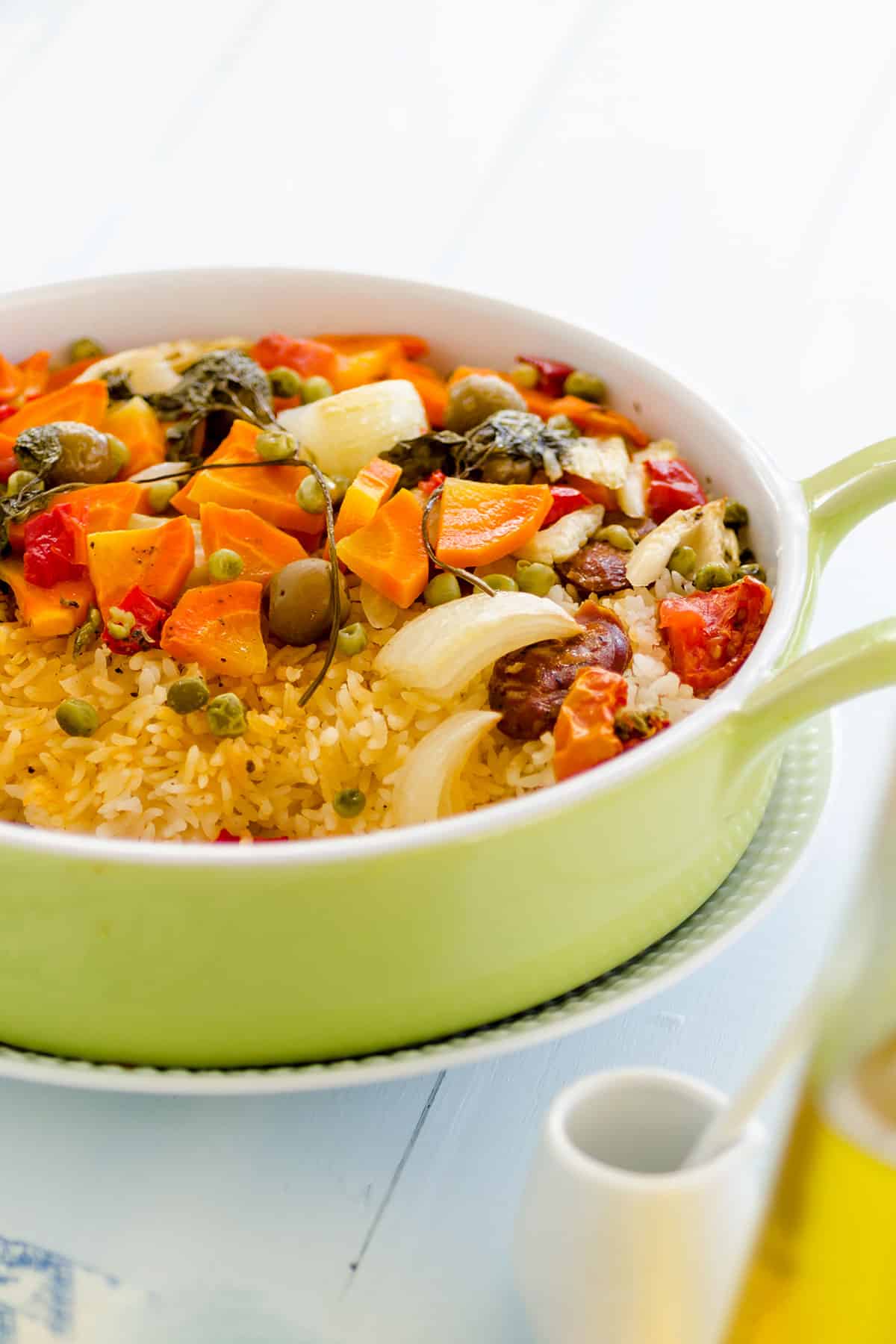 Vegetables, chorizo and rice casserole cooked in the oven.