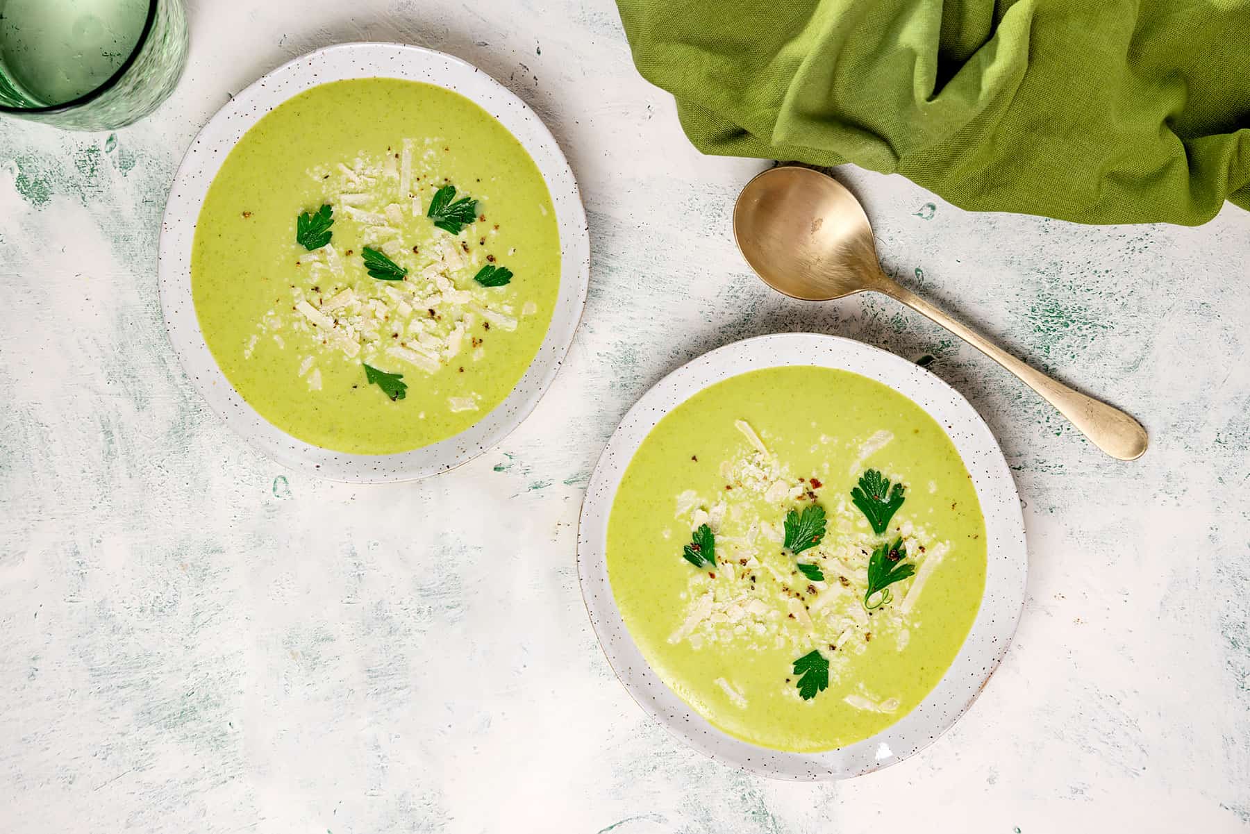 Cream of broccoli soup with cheddar cheese.