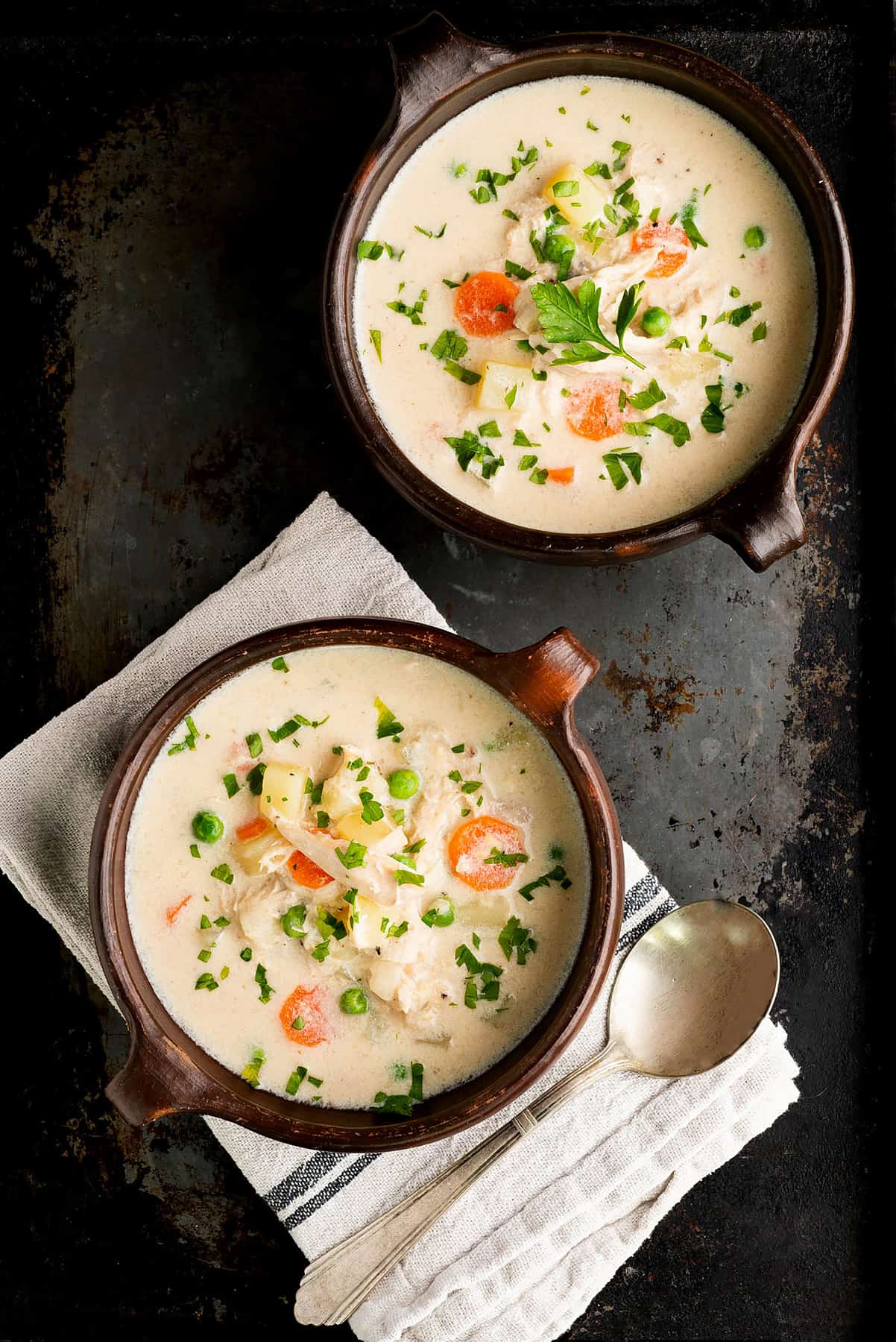 Creamy chicken and vegetable soup.