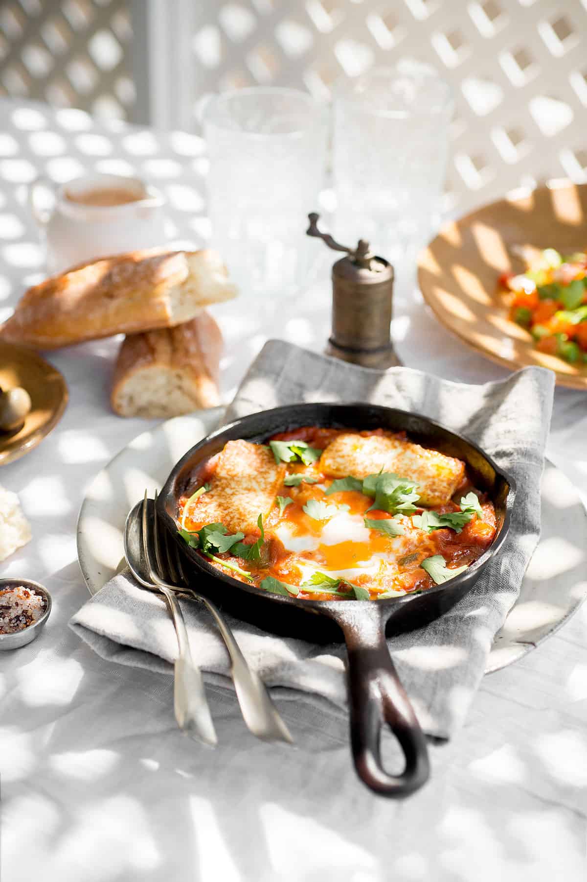 Eggs cooked in tomato sauce.