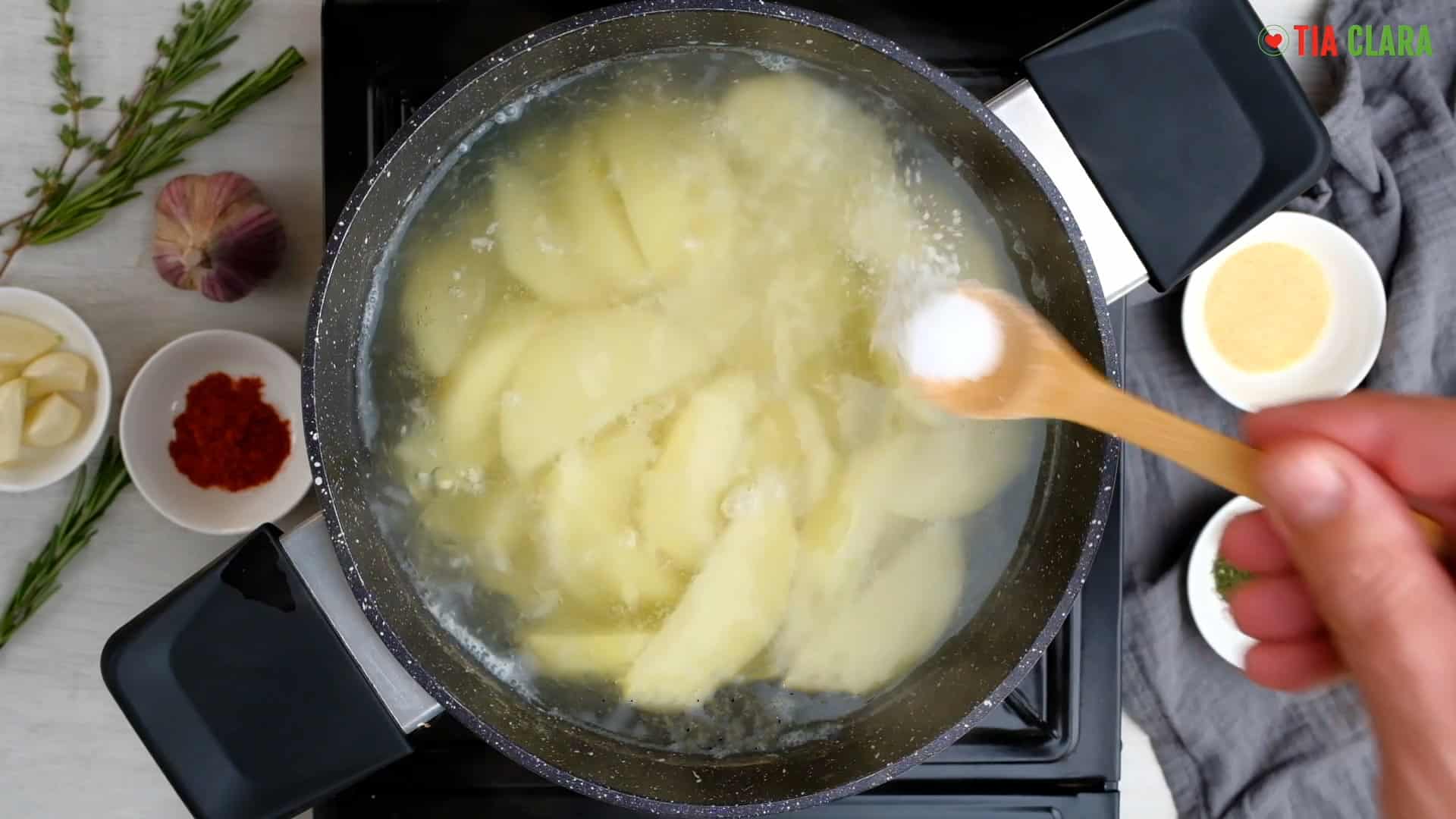 Boiling potatoes.