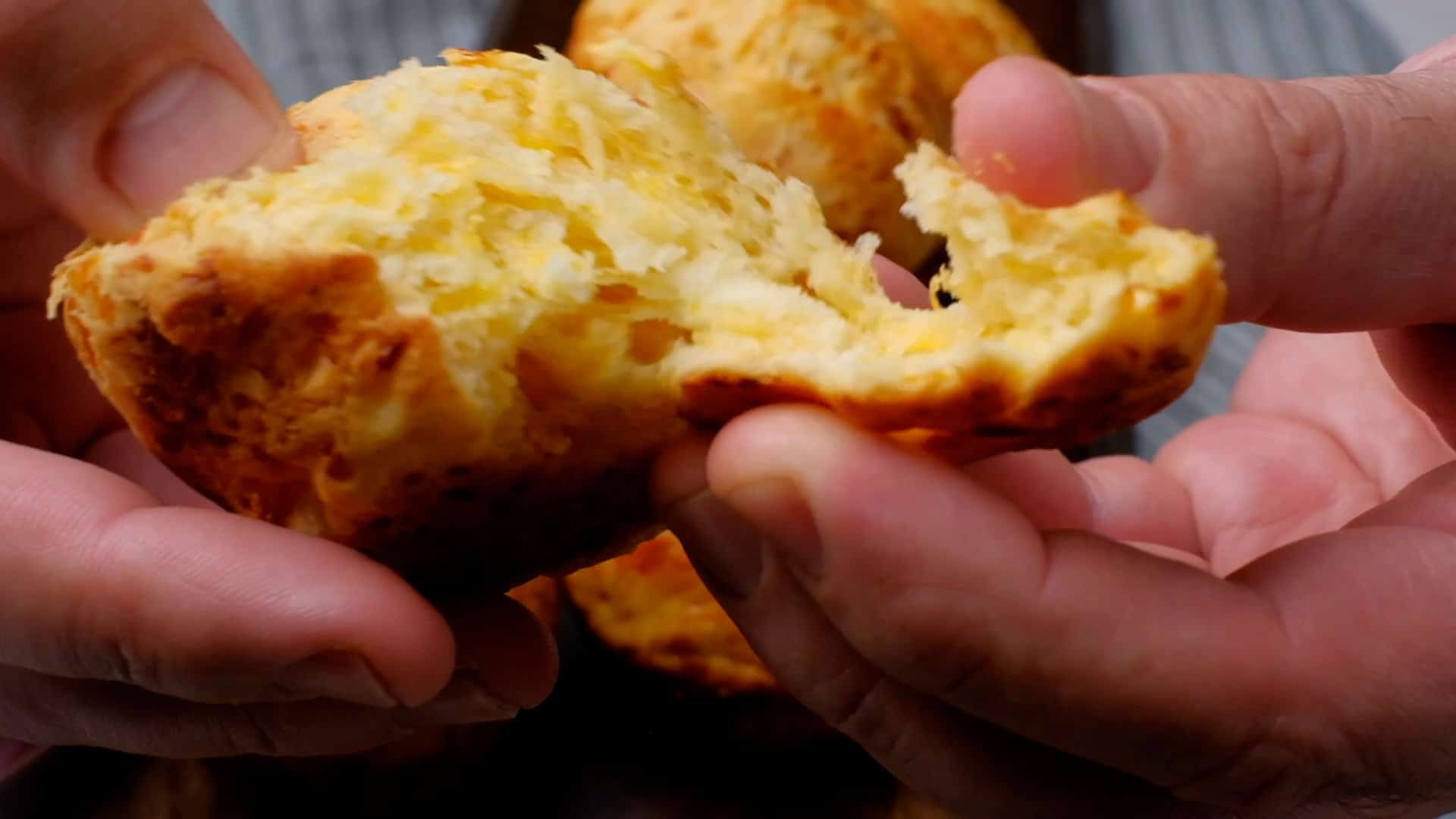 Inside of the baked cheddar bread rolls.