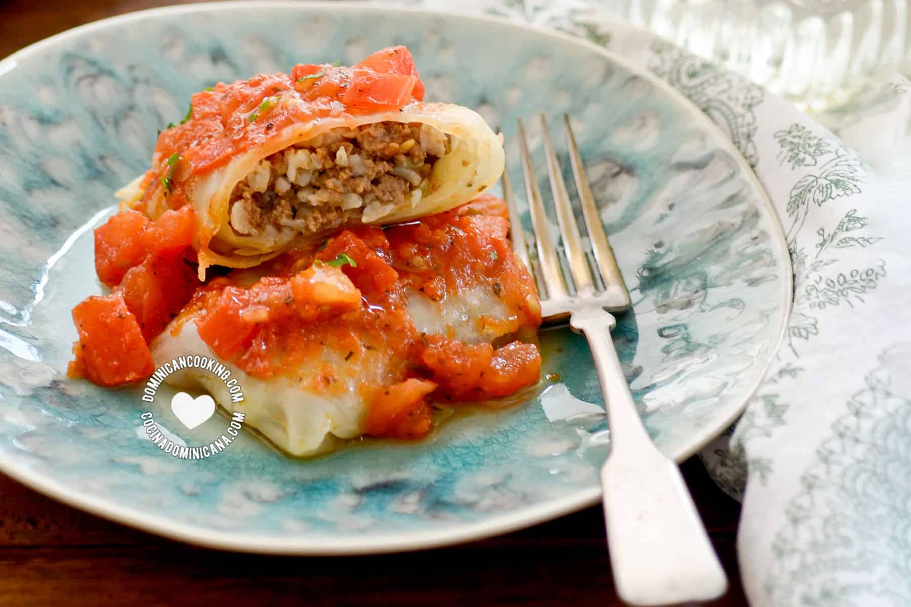 Rice and ground beef cabbage rolls.