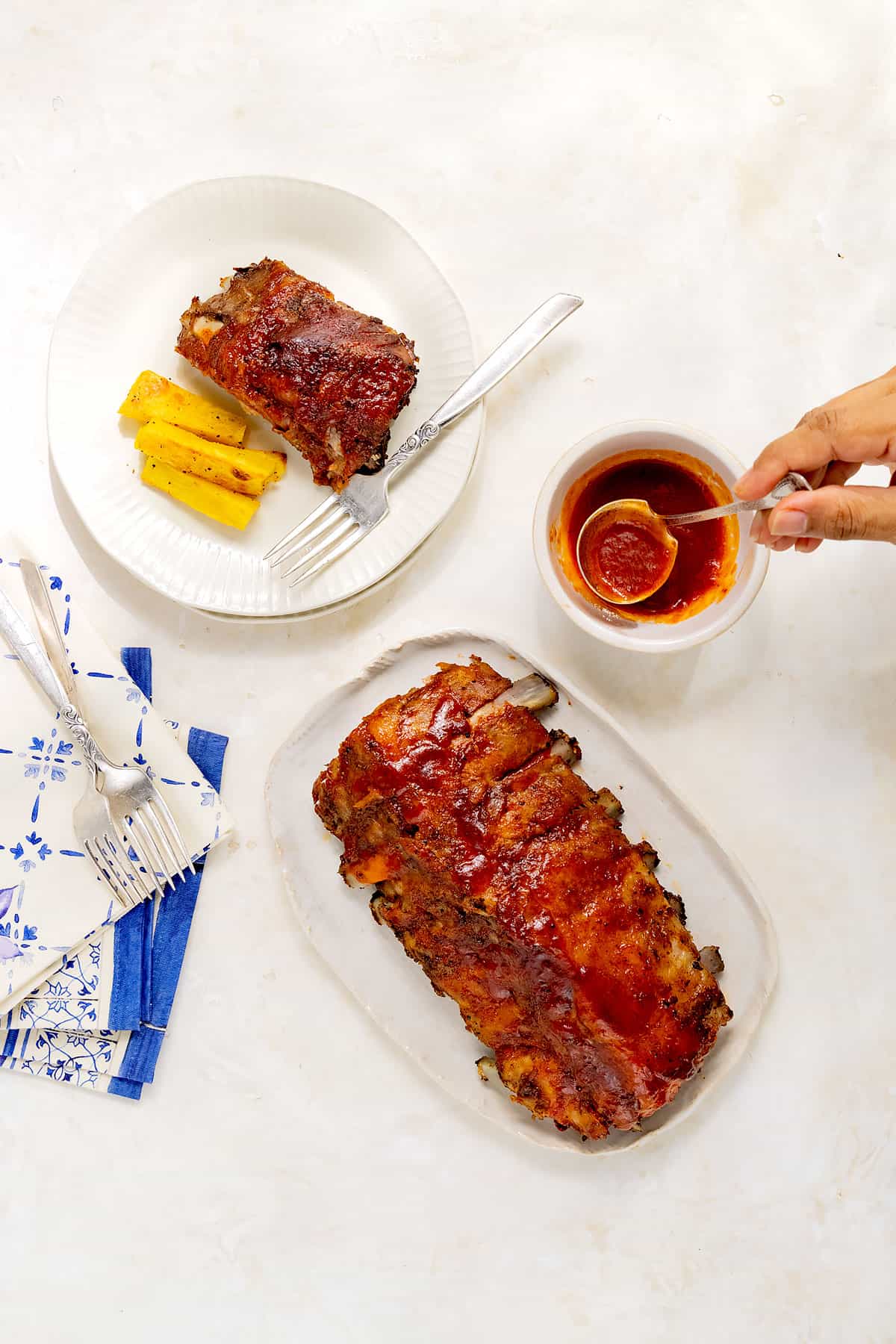 Sticky rum BBQ sauce with ribs.