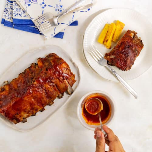 Smoky tender ribs with spicy BBQ sauce.