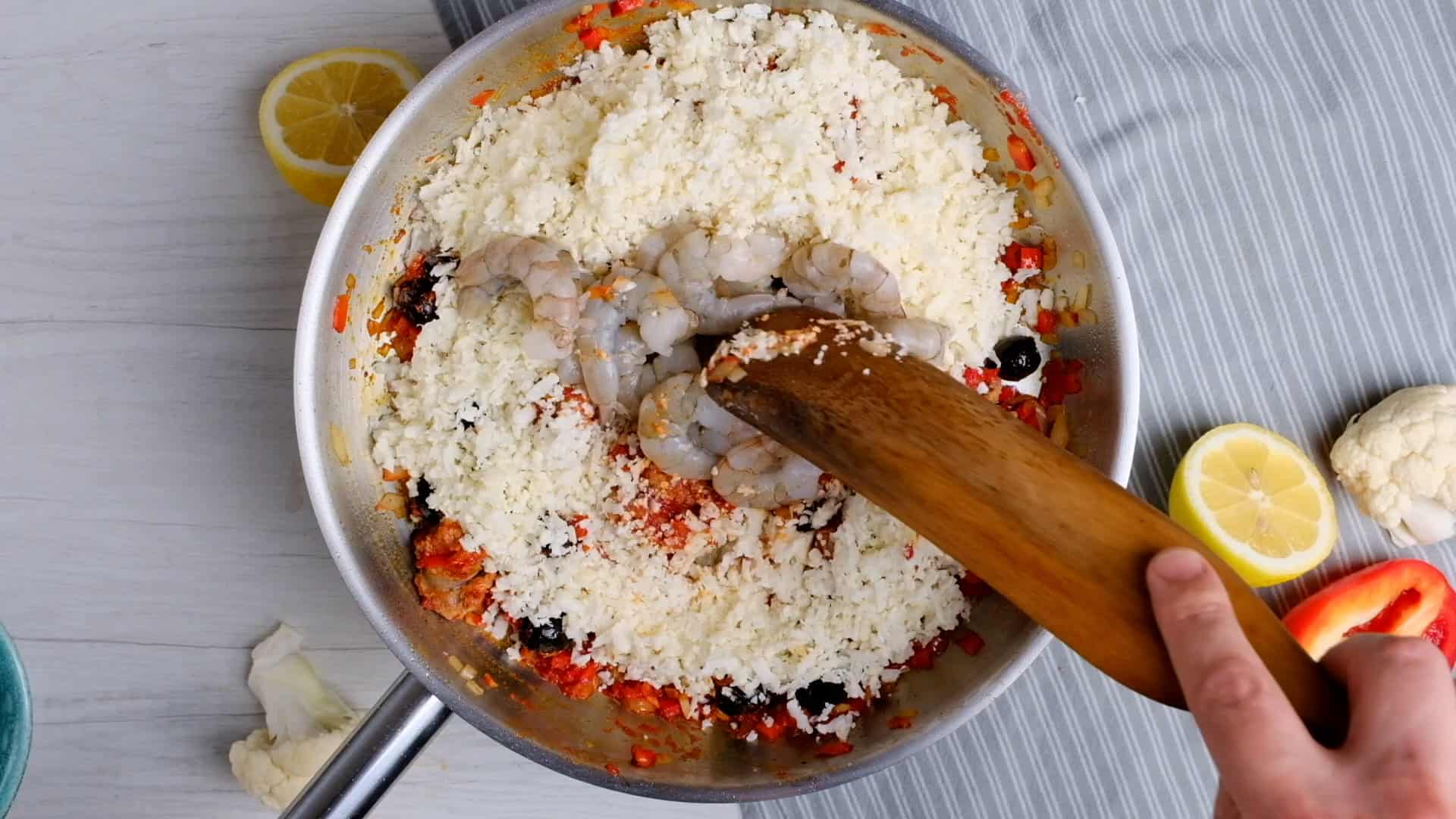 Cooking shrimp and cauli rice.
